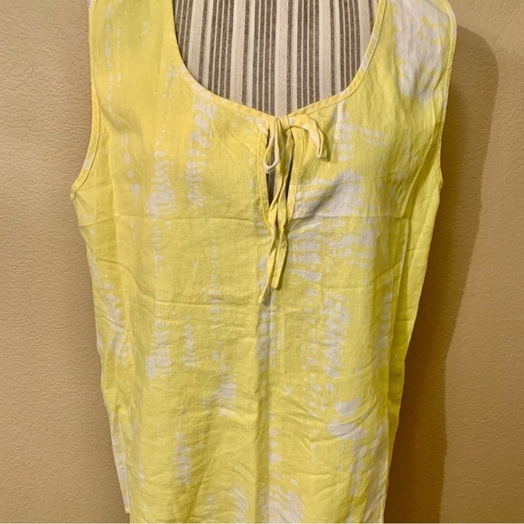 For Cynthia Linen Top XL Yellow White Blotchy Retro Keyhole Ties Linen Viscose - Picture 3 of 14